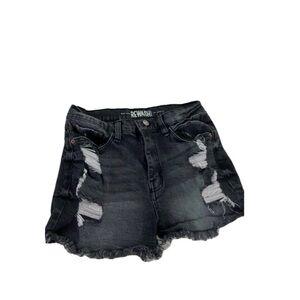 Dark wash jean shorts.